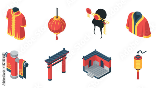 Traditional chinese culture icons: clothing, lanterns, architecture, and accessories in isometric design