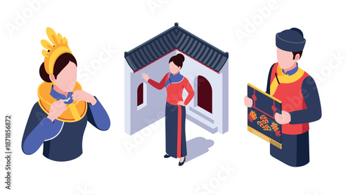 Isometric figures in traditional asian attire and architecture