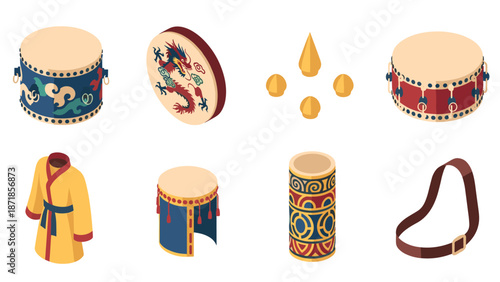 Traditional asian musical instruments and attire in isometric design
