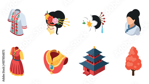 Traditional asian and european cultural elements in vibrant isometric design
