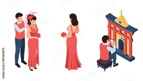 Colorful isometric wedding scene with elegant attire and photography moment