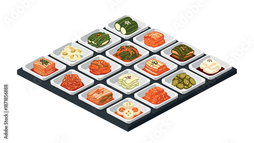 Isometric korean kimchi varieties on square plates displayed in grid layout