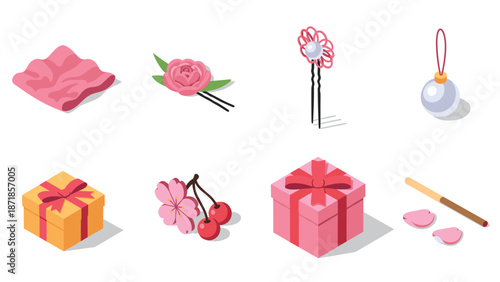 Elegant asian-inspired objects with cherry blossoms and gifts in isometric style