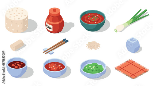 Traditional korean cuisine: isometric icons of kimchi, tofu, sauces, and ingredients