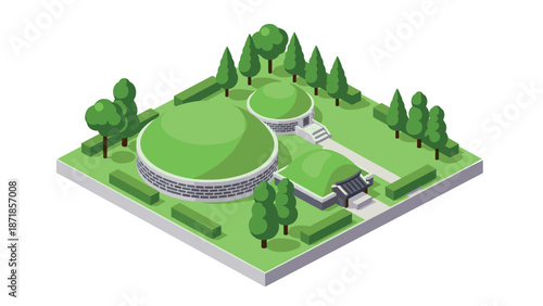 Isometric park with trees and pathways in modern geometric design