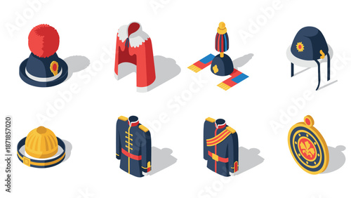 Isometric historical military uniforms and accessories collection