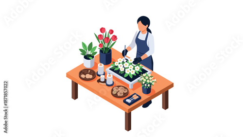 Florist arranging flowers in modern isometric workspace