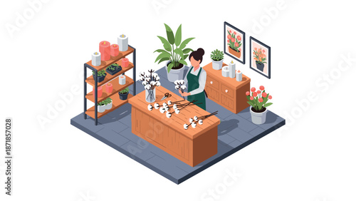 Isometric flower shop scene with florist arranging floral bouquets