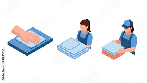 Laundry process steps with people folding clothes in isometric style on white background