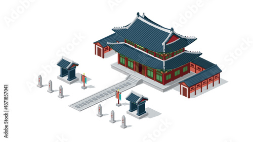 Traditional korean architecture in isometric design
