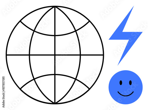 Global connection concept. Global connection via a globe, lightning bolt, and happy face icon. Global connection internet, energy, and digital communication. For technology, social media global