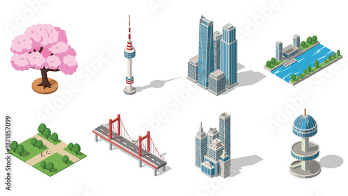 Isometric urban elements collection: cityscape models and architectural icons