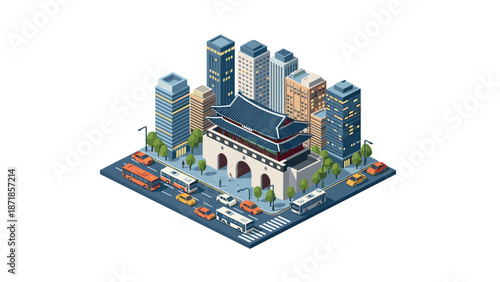 Isometric urban scene with modern buildings and traditional architecture