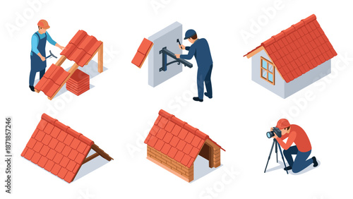 Roofing construction process and techniques in isometric style