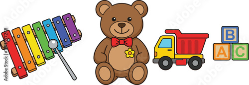 Colorful kids toys illustration, teddy bear xylophone dump truck ABC blocks, children learning toys set, nursery playroom design, cute cartoon vector, white background