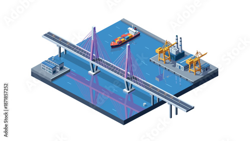 Isometric suspension bridge over river with cargo ship and industrial port scene