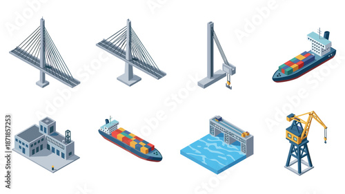 Isometric maritime icons featuring cargo ships and port infrastructure