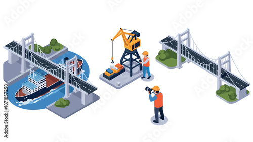 Isometric construction scene with bridges and workers in action