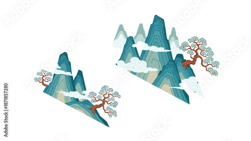 Traditional chinese mountain landscape with bonsai tree and clouds