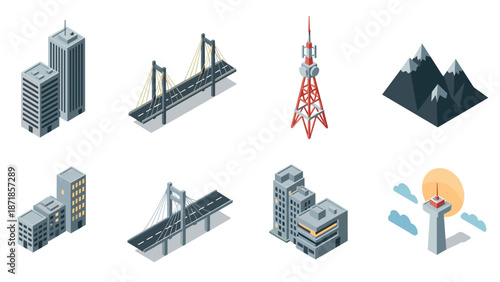 Modern isometric city elements with bridges, buildings, mountains, and towers
