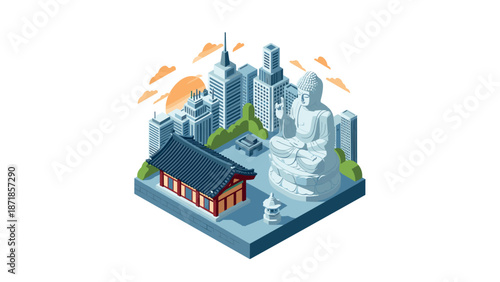 Isometric cityscape with modern buildings and buddha statue at sunrise
