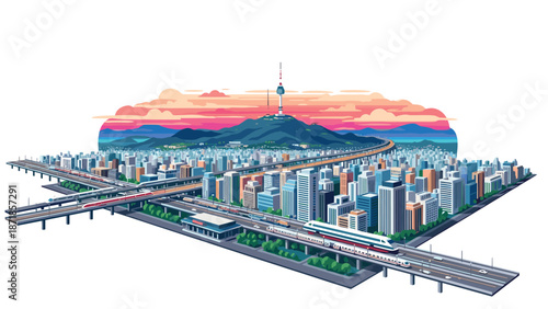 Isometric cityscape with elevated trains and mountain backdrop at sunset