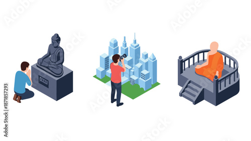 Isometric cityscape photography and meditation set