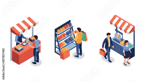 Isometric market scenes: shopping, buying, and browsing in modern retail environments