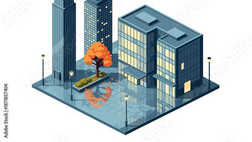 Isometric autumn cityscape with modern buildings and reflection