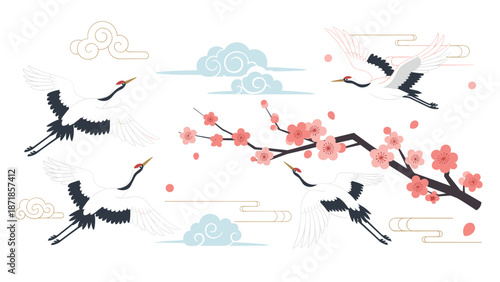 Elegant cranes and cherry blossoms in minimalist japanese style with soft clouds