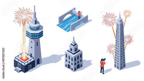 Isometric cityscape with fireworks and tourists in urban setting