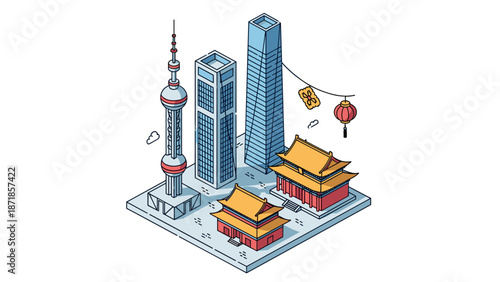 Isometric cityscape with modern skyscrapers and traditional pagodas
