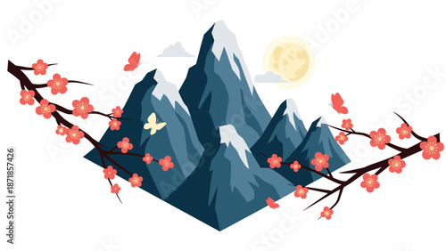 Serene mountain landscape with blossoming cherry branches and butterflies