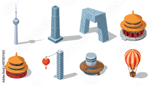 Isometric china landmarks with modern architecture and traditional elements