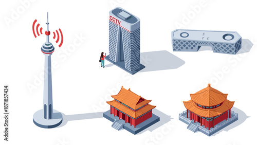Iconic beijing architecture in isometric style featuring cctv tower and traditional pagodas
