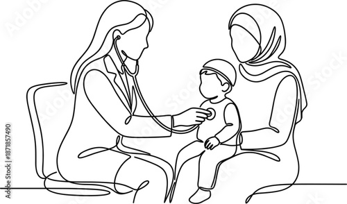 Continuous line art doctor examining baby with mother during pediatric checkup healthcare illustration medical consultation family care minimal outline drawing clinic scene vector design
