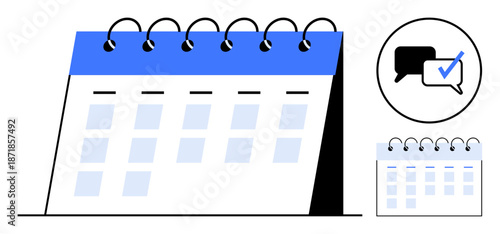 Desk calendar with spiral binding, abstract date blocks, and chat icon with checkmark. Ideal for planning, organization, communication, time management, teamwork business productivity. Modern flat