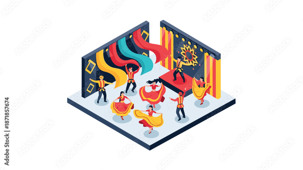 Obraz premium Isometric dance festival with energetic dancers in colorful traditional costumes