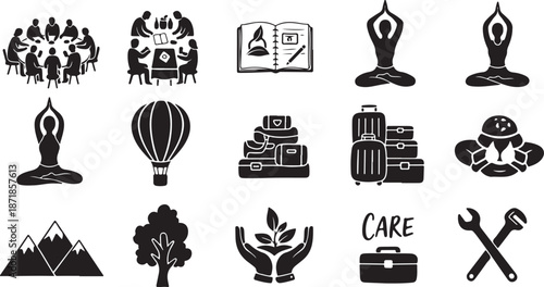 Travel and Care Icons for Adventure and Tourism