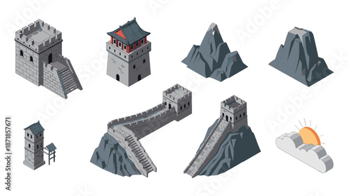 Isometric great wall elements with mountains and sunrise