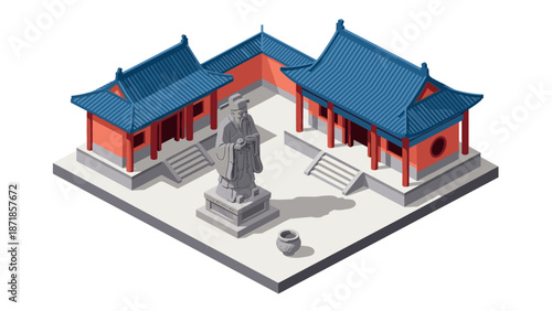Isometric ancient temple with traditional architecture and statue