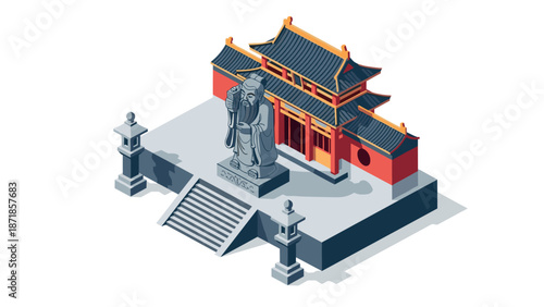 Isometric confucius temple with statue and traditional architecture