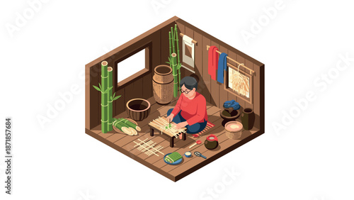 Isometric scene of traditional bamboo weaving in rustic room interior design