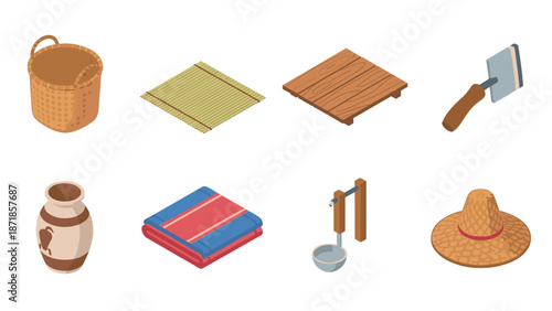Traditional household items collection in modern isometric design