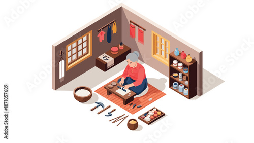 Isometric japanese calligraphy artist working in traditional room