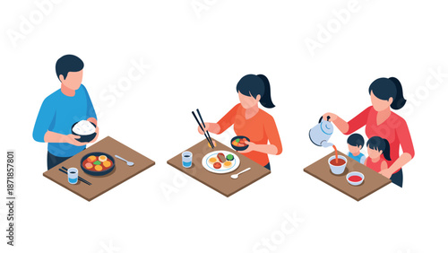 Family mealtime: isometric scenes of asian cuisine and togetherness