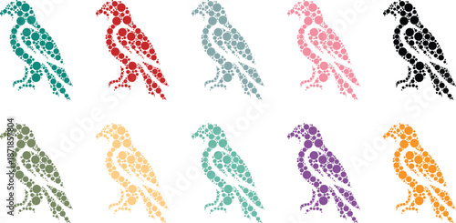 Dot art birds perched on white background, Mosaic bird silhouettes in vibrant hues