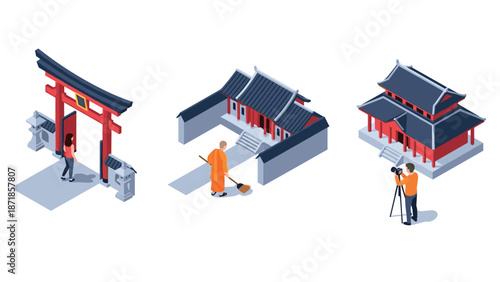 Exploring traditional asian architecture and culture in isometric designs