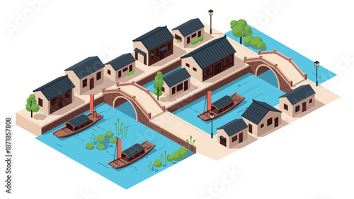 Charming isometric water village with traditional architecture and boats