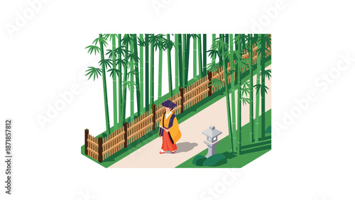 Isometric zen garden with bamboo and monk walking path